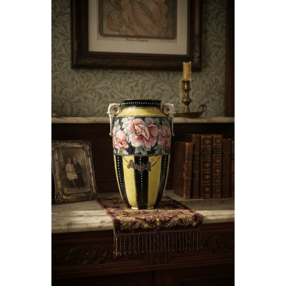 Antique Nippon Hand Painted Floral Vase Yellow Black Moriage Roses 12" 1891-1921